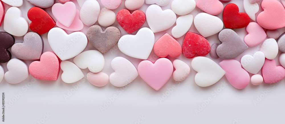 A white natural marble background adorned with a plethora of red and pink hearts providing ample copy space for images A white natural marble background adorned with a plethora of red and pink hearts providing ample copy space for images