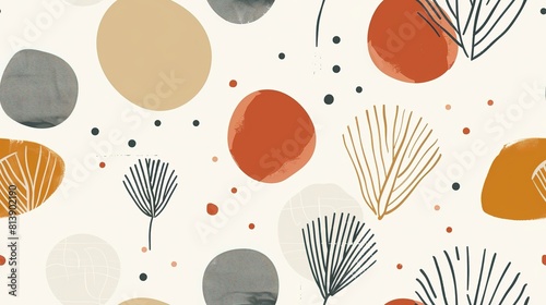  boho earth tone line dot and free form shape abstract background seamless pattern, cheerful optimistic , Generative Ai photo