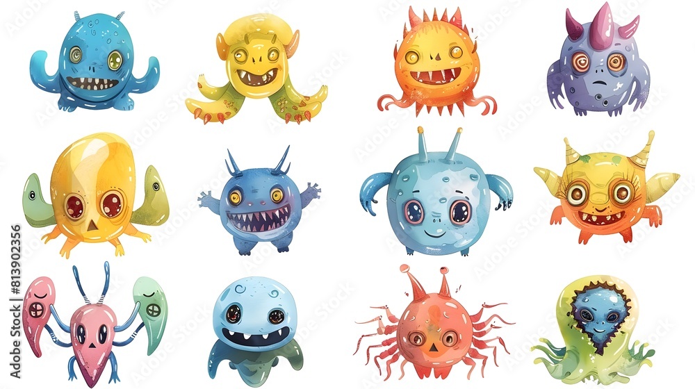 Fototapeta premium Cute and Quirky Fantastical Creatures Digital of Colorful Cartoon Monsters and Bizarre Characters for Graphic Design Icon Sticker Wallpaper Pattern