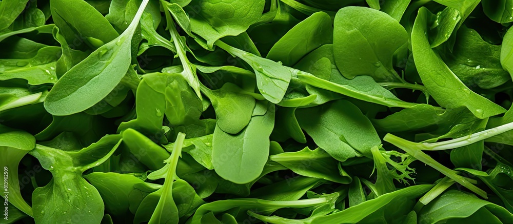Fototapeta premium Close up of green arugula leaves with copy space image