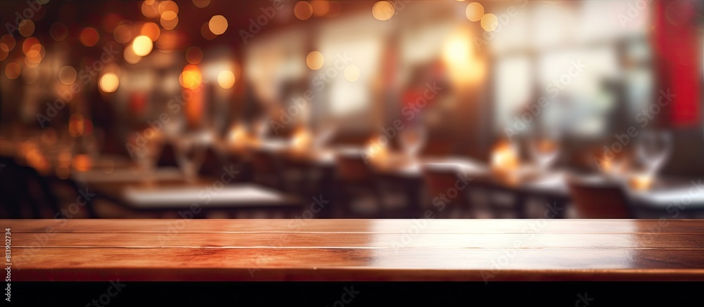 The restaurant s background is blurred with a copy space image on a table top The restaurant s background is blurred with a copy space image on a table top