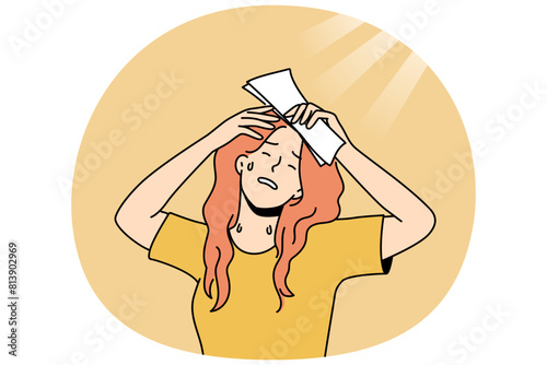 Unhealthy woman suffer from heatstroke on summer street. Unwell girl struggle with sweat during summertime. Vector illustration.