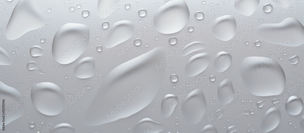 Close up copy space image of water droplets on a gray background The abstract texture is a mix of white wetness and bubbles on a plastic PVC surface The droplets look like realistic pure water conden Close up copy space image of water droplets on a gray background The abstract texture is a mix of white wetness and bubbles on a plastic PVC surface The droplets look like realistic pure water conden