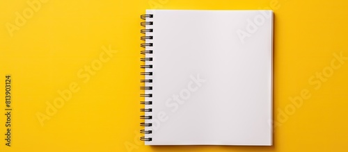 Top down view of a bright yellow background featuring an open spiral squared notebook showcasing blank white sheets a binder and ample copy space for your use