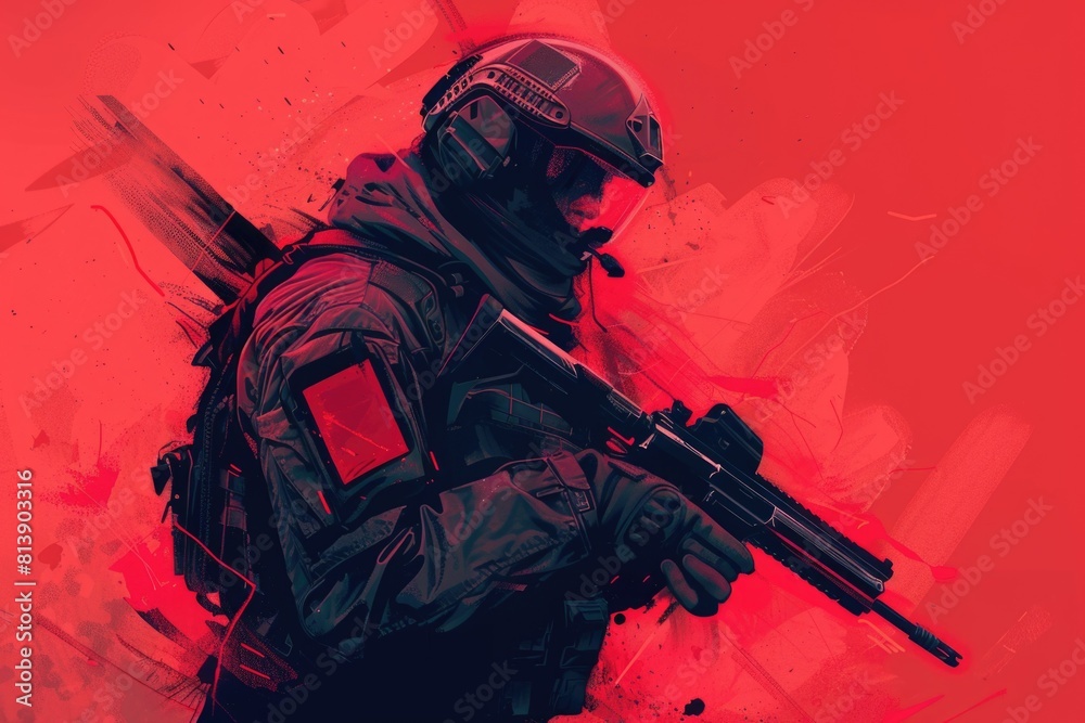 A man holding a gun and wearing a helmet. Suitable for security and military concepts A man holding a gun and wearing a helmet. Suitable for security and military concepts