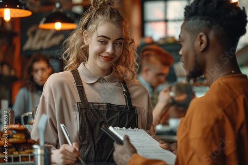 young barista/Waitress with dreadlocks smiling warmly in a busy café setting