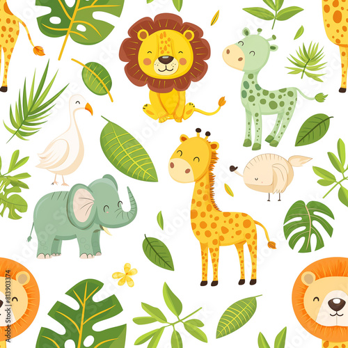 Simple Vector Outline, Seamless pattern of cute jungle animals & green leaves.