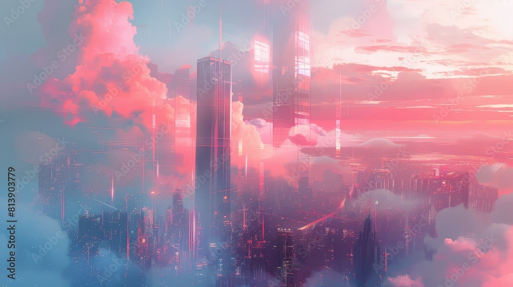 Obraz premium Minimalist cityscapes against digital clouds background