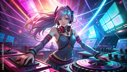 Anime DJ girl spinning disco lights and music at a nightclub party