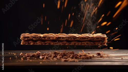 Chocolate Wafer Biscuit Long Bar Flying With Hazelnut Pieces Crumbs in Speed Light on Limbo Dark Blurry Background