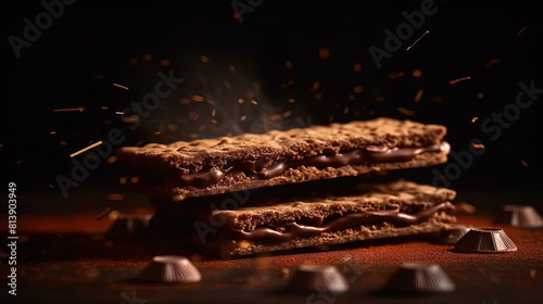 Chocolate Wafer Biscuit Long Bar Flying With Hazelnut Pieces Crumbs in Speed Light on Limbo Dark Blurry Background