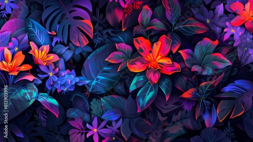 Neon-infused flora blooms in vibrant hues background