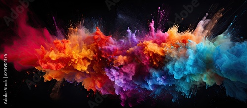The image shows a vibrant explosion of colorful powder in mid air creating an abstract pattern The powder is frozen in motion forming a multicolored glittery texture against a black backdrop The phot