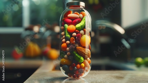 A close-up shot of a transparent capsule filled with a vibrant assortment of fruits, vegetables, nuts, and beans, representing a nutrient-rich supplement