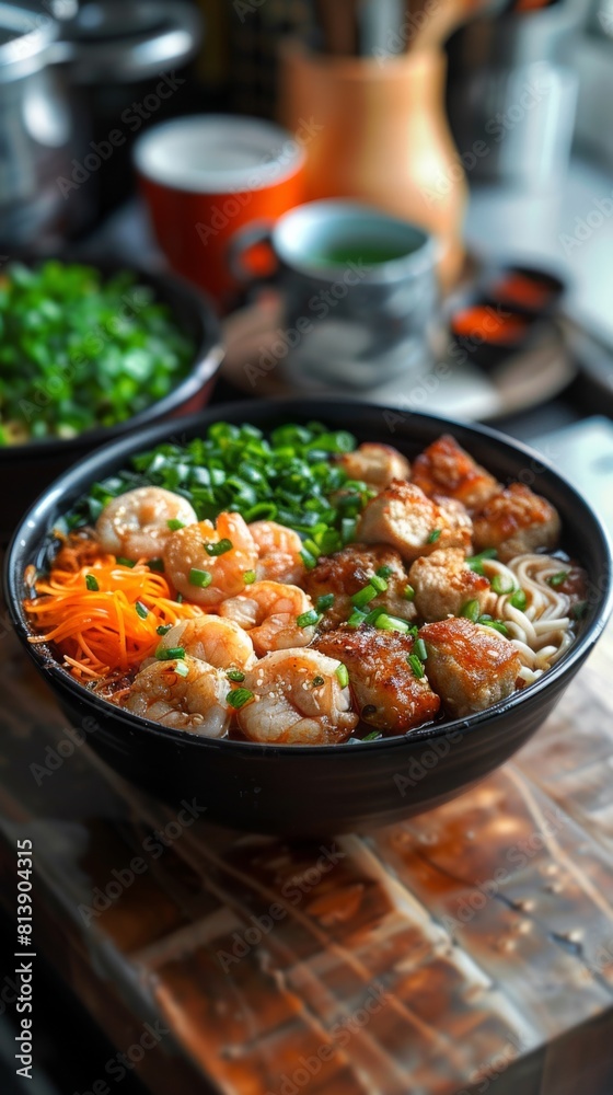 Classic pad thai with shrimp, fresh vegetables and wheat pasta with a plate on a table with chopsticks on wooden background, copy space. ai generated