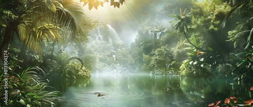 3d wallpaper jungle landscape with river, lake and birds. rainforest trees, palm tree, exotic flowers, sun rays through the fog. green background for wall decoration
