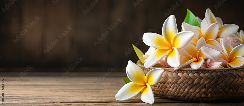 Plumeria flower in rustic wicker basket placed on weathered wood creating a serene ambiance for an aroma spa with room for personalized messages in the image. Copy space image Plumeria flower in rustic wicker basket placed on weathered wood creating a serene ambiance for an aroma spa with room for personalized messages in the image. Copy space image