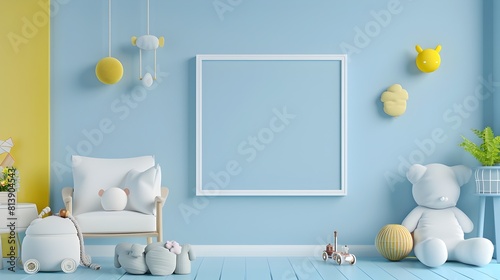Empty Frame Minimalist Design Blue and Yellow Wall Decor 3D Clinic Reception Childcare Healthcare