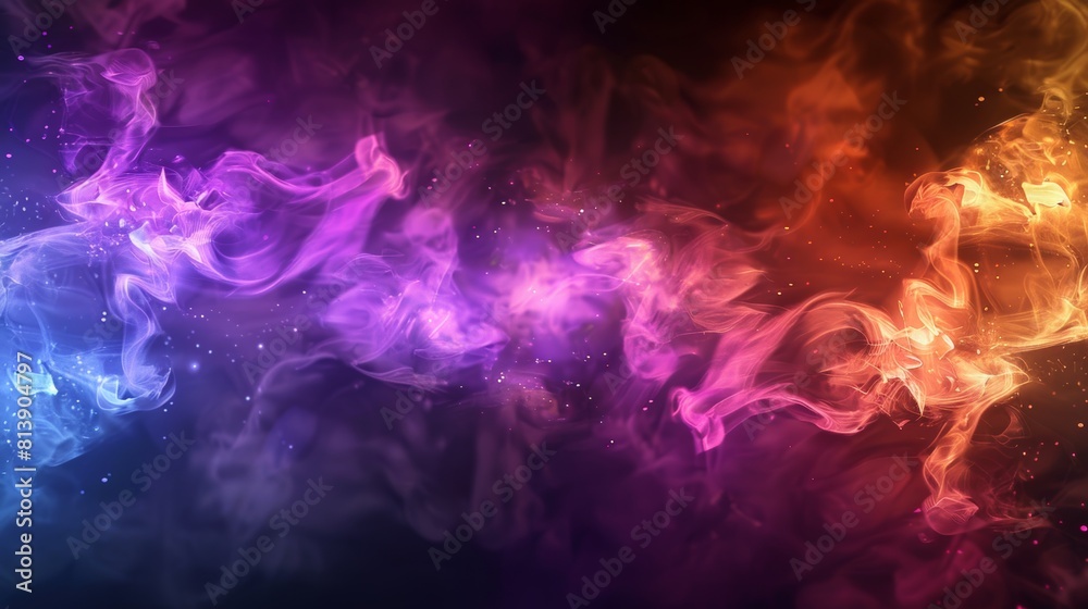 The background has a colorful abstract modern style with transparent smoke.