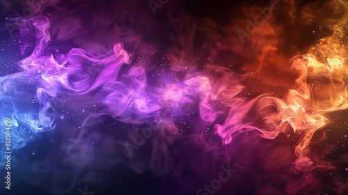 The background has a colorful abstract modern style with transparent smoke.