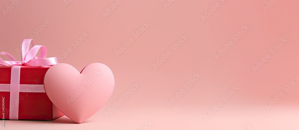 A gift made of heart shaped paper mache on a pink backdrop with empty space for copy. Copy space image. Place for adding text and design