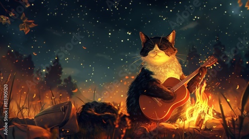 A rotund black and white cat with a guitar, strumming soulful melodies under a starry sky around a crackling campfire with serene contentment photo