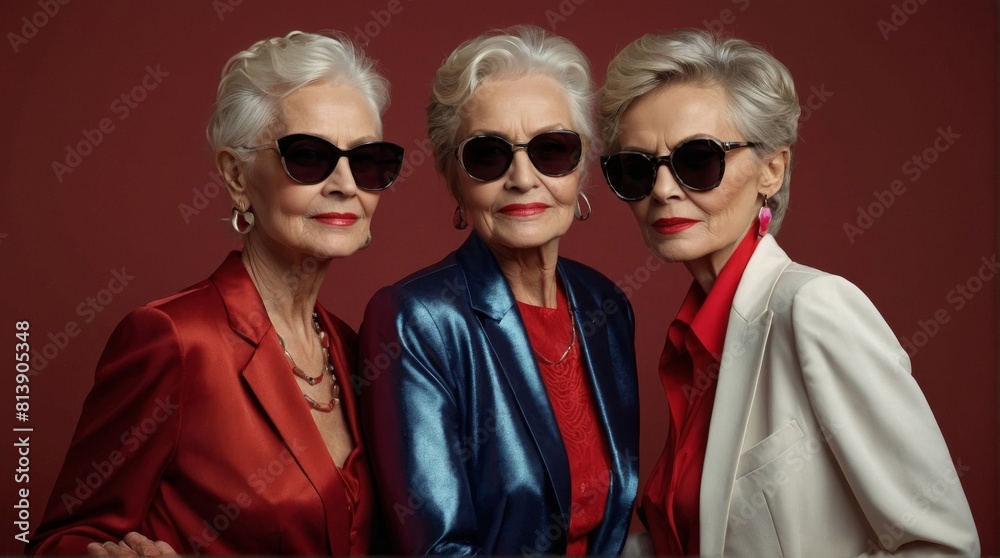 Elderly Caucasian woman in chic attire, radiating joy, against a red backdrop.