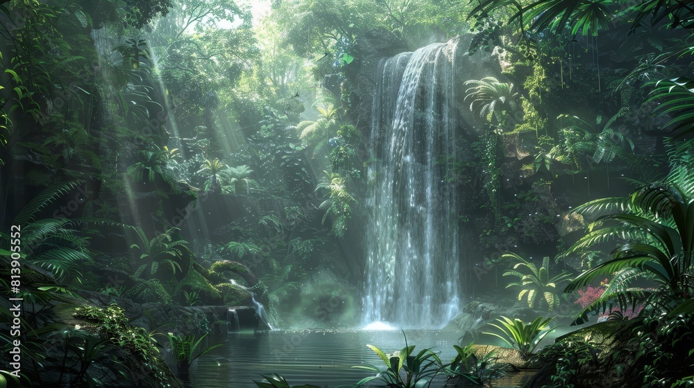Virtual rainforests with holographic life and waterfalls background