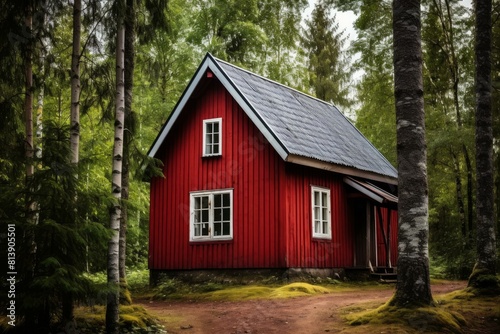 Vibrant Small red wooden house in sun light. Country view tourism swedish rustic style. Generate Ai