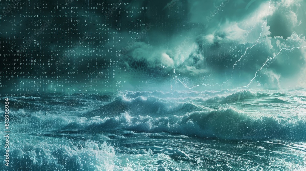 Digital landscape rages with data storms torrents of binary code background Digital landscape rages with data storms torrents of binary code background