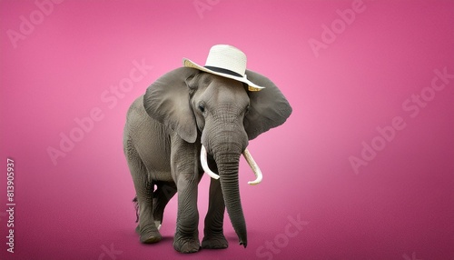 Eléphant avec un chapeau sur fond rose photo