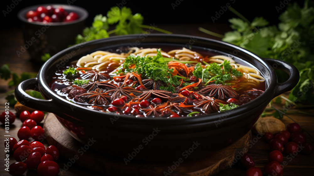 A Traditional Bowl With Delicious Chinese Soup With Red Dates on Blurry Dark Background A Traditional Bowl With Delicious Chinese Soup With Red Dates on Blurry Dark Background