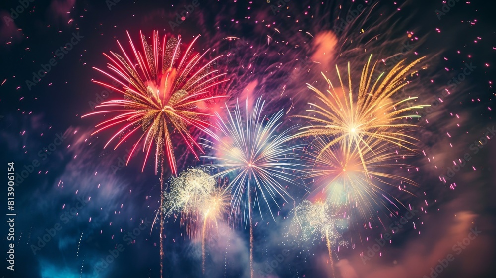 Vibrant Fireworks Bursting in Colorful Display over Dramatic Night Sky for Patriotic