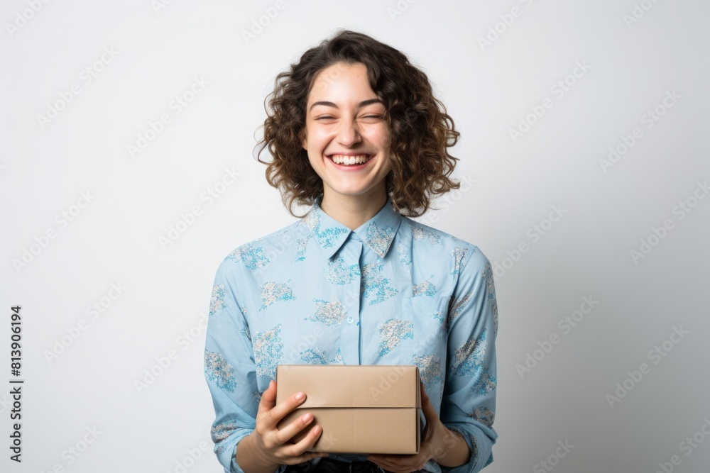 Portrait of a satisfied woman in her 30s holding a box in front of white background Portrait of a satisfied woman in her 30s holding a box in front of white background