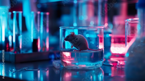 The image shows a laboratory mouse in a glass cage in a scientific laboratory. photo