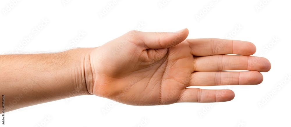 A man s hand with both palms facing up and a handbreadth measurement is seen from the front on a white background It mimics a blank template with copy space A man s hand with both palms facing up and a handbreadth measurement is seen from the front on a white background It mimics a blank template with copy space