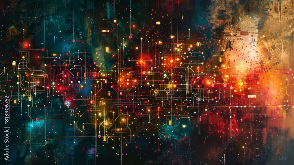 Compositions of circuits and microchips in symphony of color background Compositions of circuits and microchips in symphony of color background