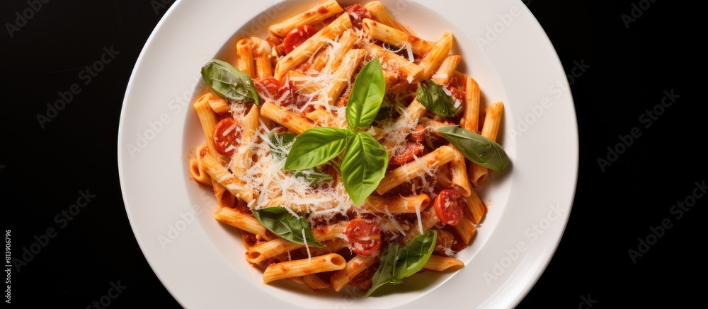 A top view of penne pasta adorned with tomato sauce parmesan cheese and basil creating a delicious and visually appealing dish Ample copy space is available for additional elements to be added to the A top view of penne pasta adorned with tomato sauce parmesan cheese and basil creating a delicious and visually appealing dish Ample copy space is available for additional elements to be added to the