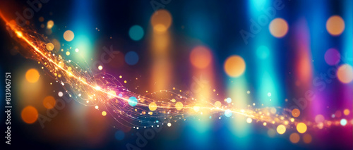 Background with indistinct bokeh, featuring abstract symbols related to financial technology and dynamic streaks of technology