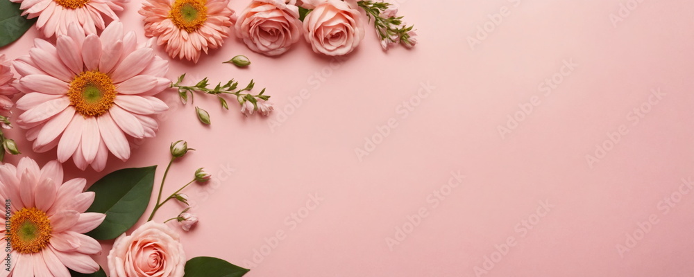 A banner made of flowers for a greeting card template for a wedding, or a women's holiday. A composition with space to copy and its own text. A banner made of flowers for a greeting card template for a wedding, or a women's holiday. A composition with space to copy and its own text.