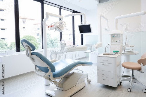 Clean and well-equipped dentist office with dental chair and tools  showcasing contemporary design