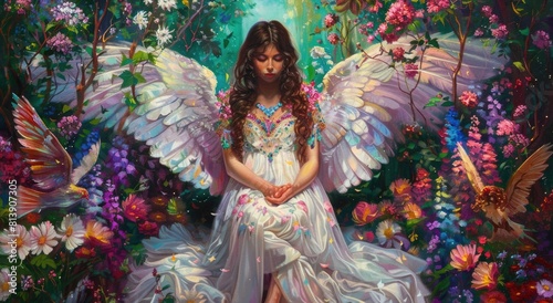 A beautiful angel with wings, wearing an iridescent dress adorned with jewels and flowers sits in the 