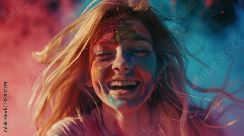 Beautiful blonde girl dancing in a colorful costume during Holi Festival with her friends.