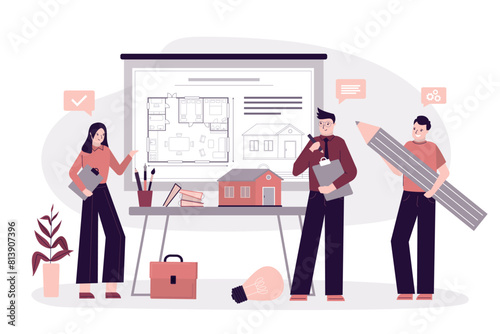 People business meeting, discussion. Group of architects drafting blueprint. Team of engineers at work. Creating building project, create engineering plan.