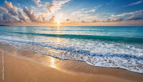 A panoramic view of a calm turquoise sea meeting a pristine sandy beach, with lush greenery in the distance under a sunny sky.