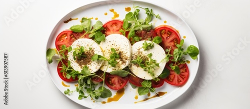 Wallpaper Mural A Mediterranean inspired vegetarian Caprese salad consisting of mozzarella tomatoes microgreens and hemp seeds served on a plate against a textured white backdrop Ample space for custom visuals Torontodigital.ca