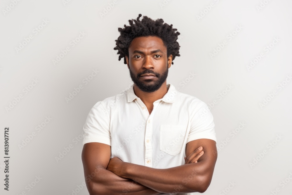 Obraz premium Portrait of a tender afro-american man in his 30s with arms crossed isolated in white background
