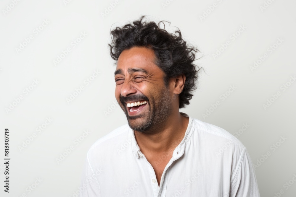 Fototapeta premium Portrait of a happy indian man in his 30s laughing isolated on white background