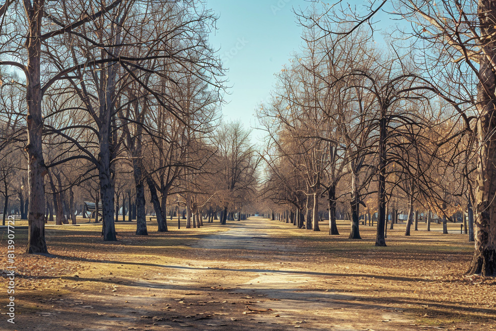 barren tree-lined park with dry, empty trees barren tree-lined park with dry, empty trees