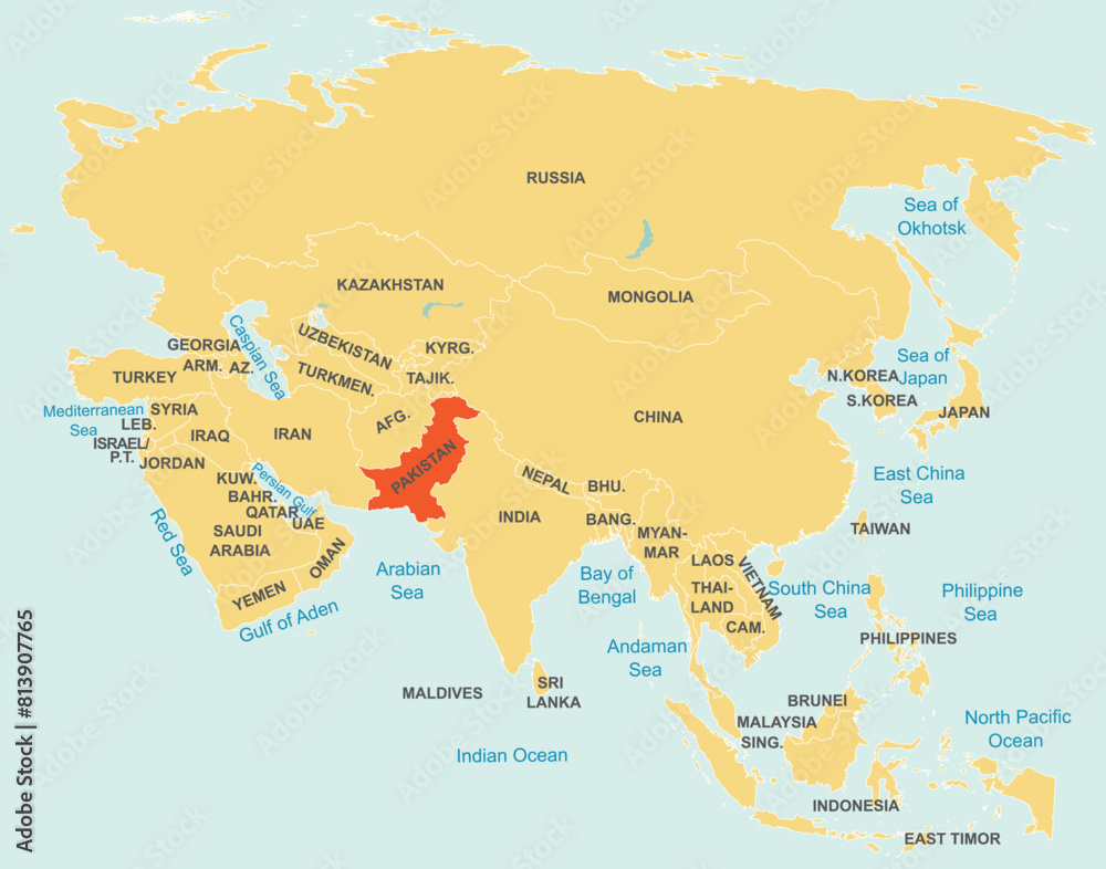 Fototapeta premium Highlighted red map of PAKISTAN inside orange detailed tagged map of Asia using orthographic projection on blue background